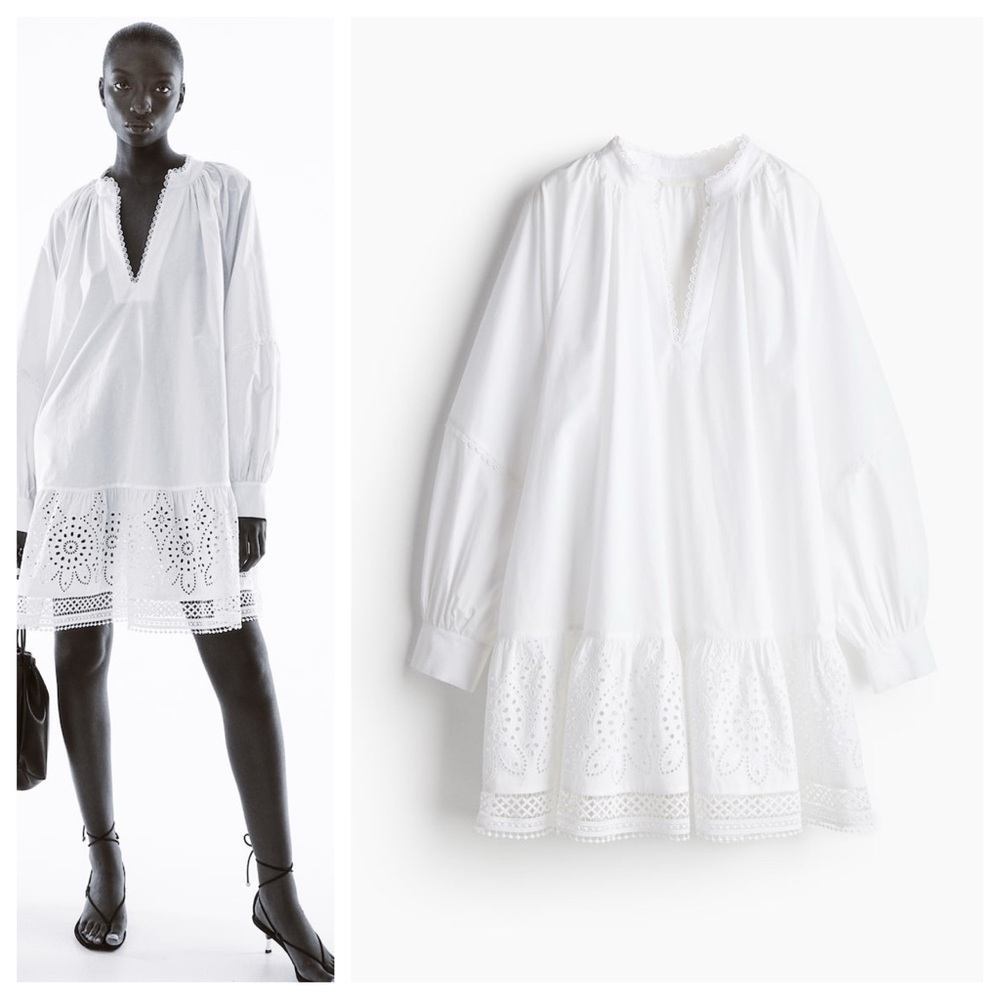 H&M broderie anglaise loose fit cotton white dress w/embroidered eyelet lace hem